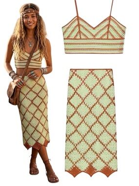 ZARA Crochet Diamond Midi Skirt and top set size small